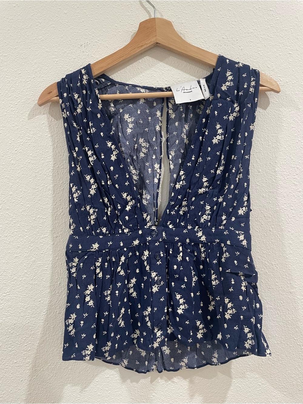 L'Academie Floral Babydoll Summer Top Navy Blue Small Feminine Romanic V-Neck